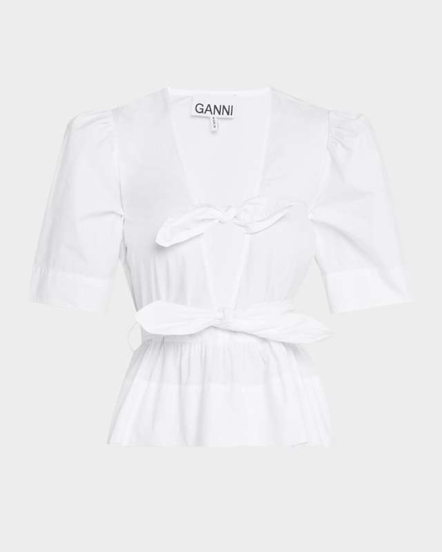Stretch Cotton Tie-Front Blouse
